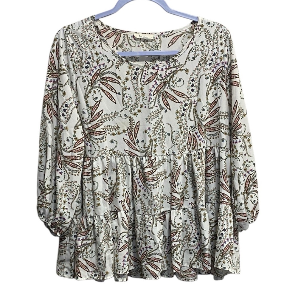 Les Amis White Floral Boho Peplum Blouse Top |‎ Size Small